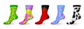 Realistic ornamented socks. Patterned colored design comfortable cotton foot clothes, kids and adult unisex funny socks, trendy