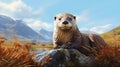 Realistic Otter Portrait In Grass With Mountain Backdrop