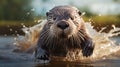 Realistic Otter Running In Water: Unreal Engine Rendered Hyper-detailed Portrait