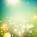 Realistic outdoors bokeh in green and yellow tones with sun rays. EPS 10
