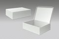 Realistic packaging boxes. Open mock up blank package, white square paper cardboard. Empty carton pack vector template