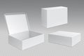 Realistic packaging boxes. White open cardboard pack, blank merchandising products mock up. Carton square container Royalty Free Stock Photo