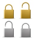 Realistic padlocks. Gold and silver lock in open and closed state. Metal latches blank templates. House and property
