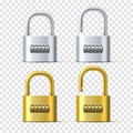 Realistic padlocks. Golden and silver door combination locks. Spinning reels with numbers. Mechanical protective device