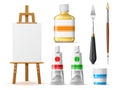 Realistic painter tools. Art supplies and equipments, oil and solvent, gouache jar and paintbrush, palette knife and