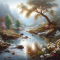 A realistic painting of beautiful river with falling leaves on the water, wild flowers, tree, small rocks, wind blows, nature view Royalty Free Stock Photo