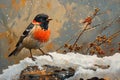 A realistic painting of a bullfinch perched on a branch, stylized and set in a snowy environment