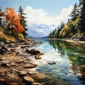 Watercolor Painting Of Lake Mcdonald: Autumn Stream With Whistlerian Style