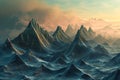A realistic painting capturing the majestic beauty of a mountain range rising out of the ocean, A landscape filled with mountains