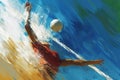 A realistic painting depicting a person in mid-air, reaching up to strike a ball with their hand, A close-up digital style