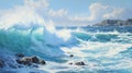 Realistic Painting Of East China Sea Waves Crashing Onto Waimea Bay Shore