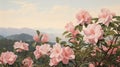 Realistic Painting Of Pink Flowers On A Mountain