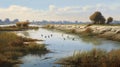 Realistic Painting Of A River Area With Ornithological Accuracy