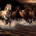 Realistic Painting of running wild horses, digital art - perfect for wall paintings Royalty Free Stock Photo
