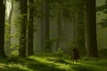 Realistic painting of Scottish or British medieval forest with warrior on horseback