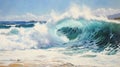 Realistic Painting Of Wave Breaking: Joyful Celebration Of Nature