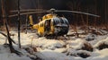 Realistic Painting Of Yellow Helicopter In Snowy Woods With Dramatic Lighting