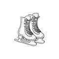 Realistic pair of figure ice skates in black isolated on white background. Hand drawn vector sketch illustration in doodle vintage