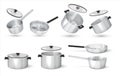 Realistic pan. Steel cooking pots with cape, metal saucepan and skillet, isolated cookware. Vector 3D aluminum frying