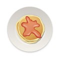 Realistic pancake with boiled or jam on a white plate closeup on white background, top view. Design template