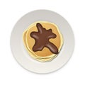 Realistic pancake with chocolate on a white plate closeup on white background, top view. Design template for