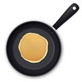 Realistic pancake in the frying pan closeup isolated on white background, top view. Design template for breakfast, food