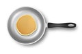 Realistic pancake in the frying pan closeup isolated on white background, top view. Design template for breakfast, food