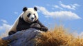 Realistic Panda Sitting On Rocks With Blue Sky Background