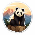 Realistic Panda Sticker: Vibrant Colors, Detailed Rendering, Mountain Background