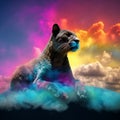 Realistic panther on ice cloud with cosmic nebula background