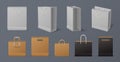 Realistic paper bag. Blank reusable shopping white and black bag with handles isolated on gray background. Vector 3D Royalty Free Stock Photo