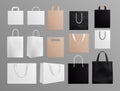 Realistic paper bags. Black white shopping bag mockup, blank fabric and craft handbags. 3d fashion eco packaging for Royalty Free Stock Photo