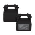 Realistic paper cake package set, black box mock up, gift ontainer with handle and window. Take away food box vector