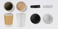 Realistic paper coffee cup. 3D white and brown mug and cups mockup with top view. Vector cafe hot drink container set