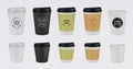 Realistic paper coffee cup. Disposable plastic and paper coffee mugs mockup. 3D vector illustration colorful isolated