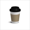 Realistic paper coffee cup set. Black cover. White walls. Cardboard holder.