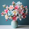 Realistic Paper Flower Vase: High Detail, Light Blue And Pink, Cherry Blossom Inspired