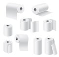 Realistic paper rolls. 3d white towel, toilet tissue on cardboard cylinder, hygiene products kitchen and bathroom