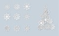 Realistic paper snowflakes and christmas tree symbol set. Papercut snow flakes elements Royalty Free Stock Photo