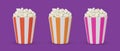 Realistic paper striped cups filled with popcorn. Vector objects of different colors Royalty Free Stock Photo