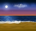 Realistic paradise coast early at morning. Vector sandy beach under the sunrise sky with moon still shining on it. Royalty Free Stock Photo