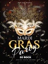 Realistic party mask illustration with shiny text mardi gras and ribbons for carnival party.