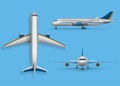 Realistic passenger airplane mock up, airliner in top, side, front view. Modern aircraft flight on blue