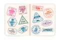 Realistic passport pages with visa stamps. Open foreign passport with custom visa stamps