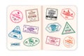 Realistic passport pages with visa stamps. Open foreign passport with custom visa stamps