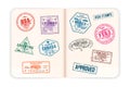 Realistic passport pages with visa stamps. Opened foreign passport with custom visa stamps. Travel concept