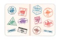 Realistic passport pages with visa stamps. Opened foreign passport with custom visa stamps. Travel concept Royalty Free Stock Photo