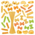 Realistic pasta, italian spaghetti, shells, farfalle and cavatappi. Italian cuisine dish, pasta types gemelli and penne vector