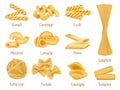 Realistic pasta types, farfalle, spaghetti and penne macaroni. Italian cuisine dish, dry organic pasta vector