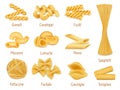 Realistic pasta types, farfalle, spaghetti and penne macaroni. Italian cuisine dish, dry organic pasta vector illustration set.